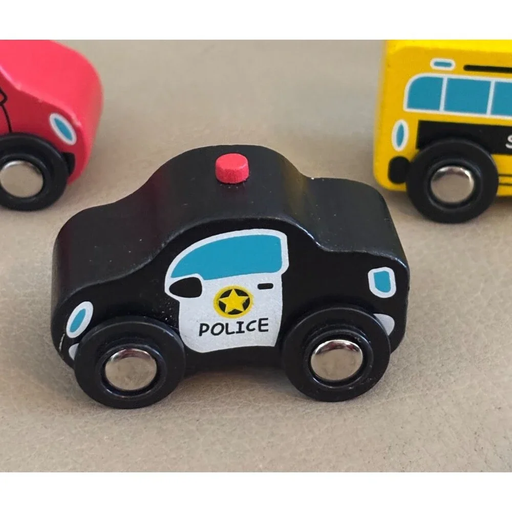 Lakeshore Collectables Wooden Toy Lot of 8 Cars Trucks School Police Fire Mail